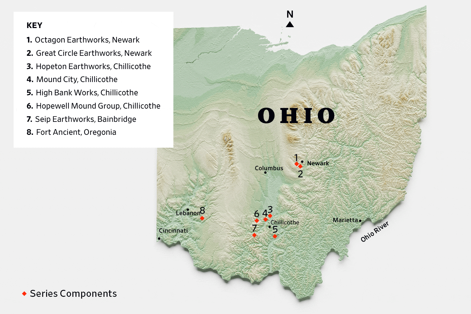 A map shows the interrelated sites and their positions in modern-day Ohio. 