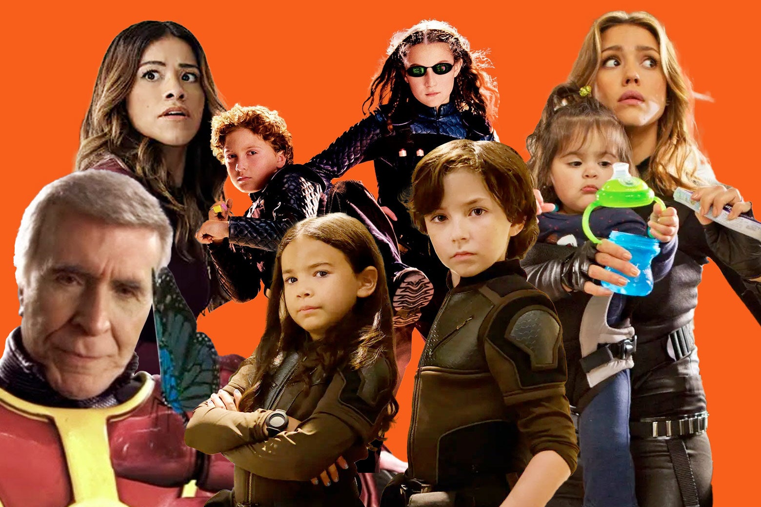 Characters from the Spy Kids films against a bright orange background.