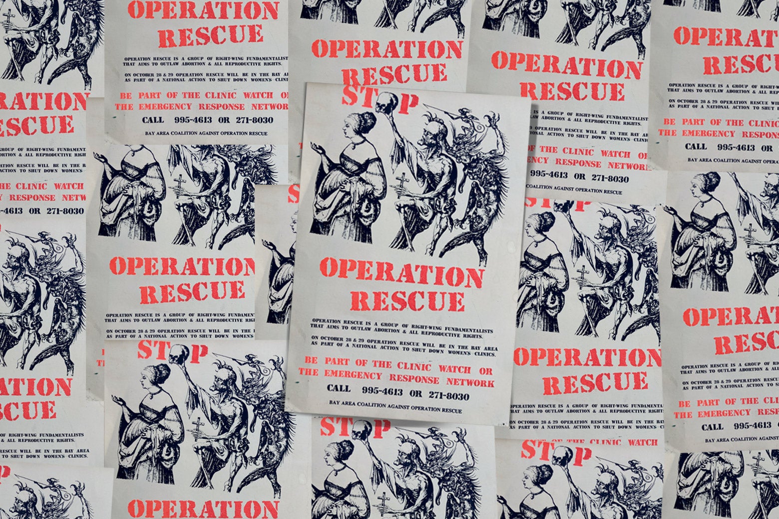 A bunch of red-and-blue Stop Operation Rescue pamphlets.