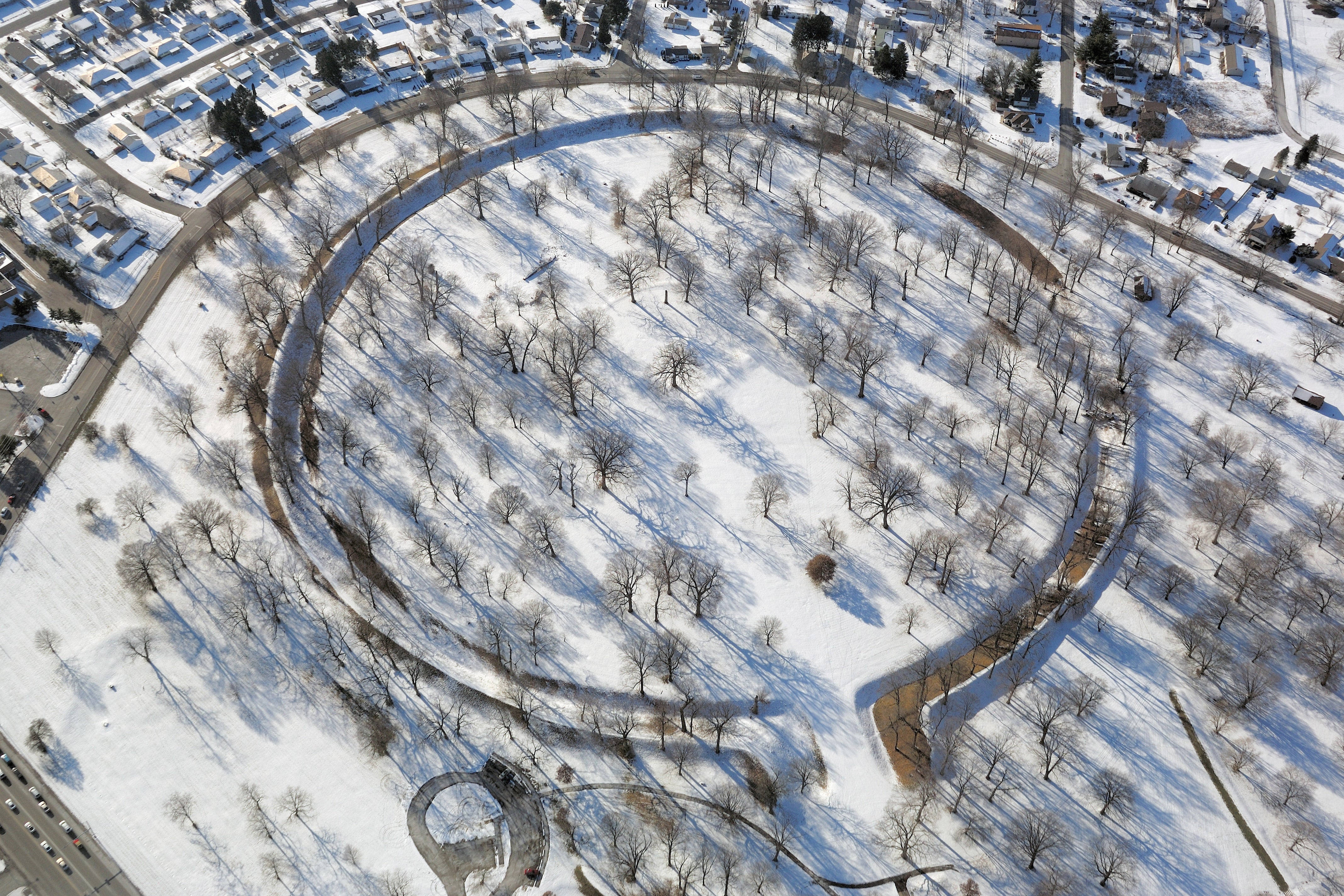 The circles and walls of the ancient historic site are particularly striking in the snow. 