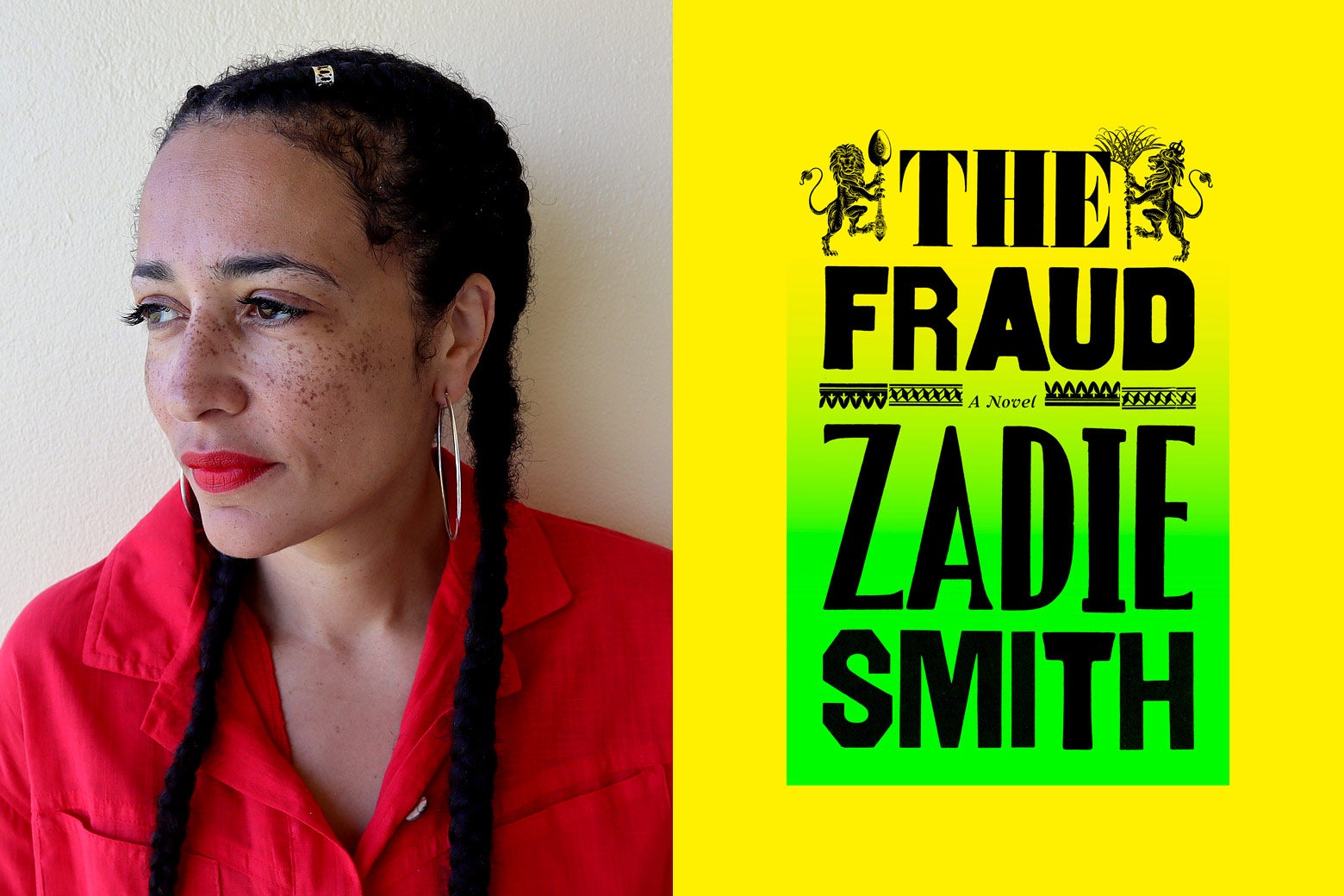 Zadie Smith, with a side-by-side of the cover of her new book, The Fraud.