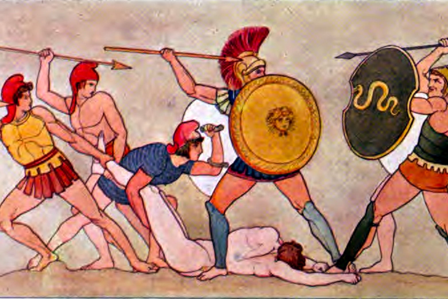 Men in Greek armor with shields and spears fight over a naked man's body.